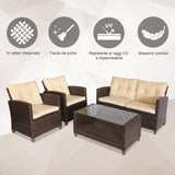 easycomfort set mobili da giardino 4 pezzi in rattan pe tavolino divano e poltrone marrone con cuscini beige