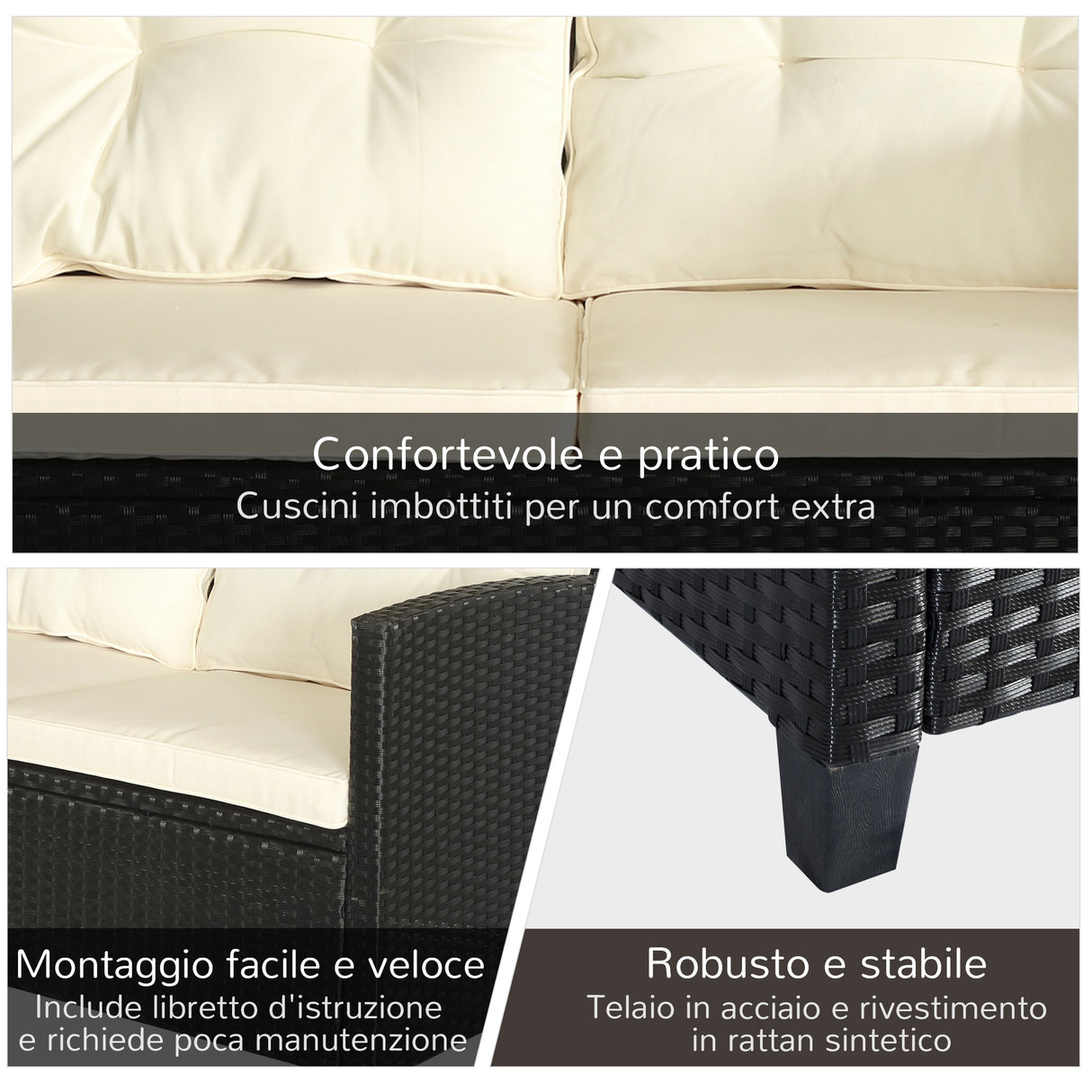easycomfort easycomfort set mobili da giardino 4 pezzi in rattan pe e tavolino divano e poltrone imbottiti nero e beige 124x68x76cm