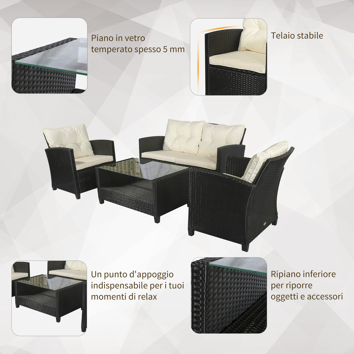 easycomfort easycomfort set mobili da giardino 4 pezzi in rattan pe e tavolino divano e poltrone imbottiti nero e beige 124x68x76cm