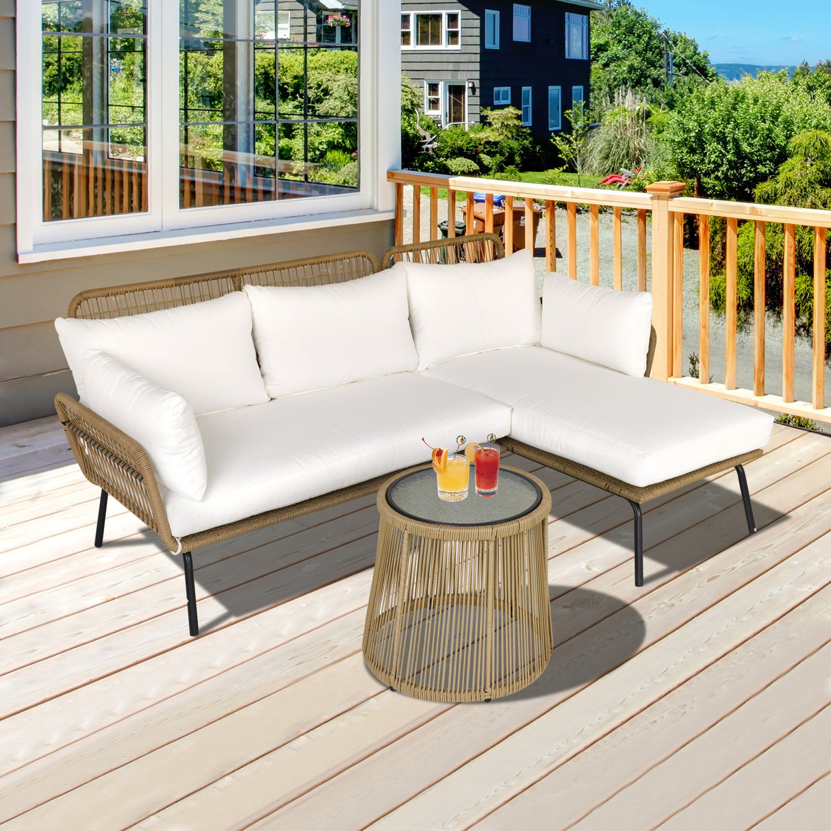 easycomfort easycomfort set da giardino in rattan stile boho chic con divano angolare e e tavolino beige e caffe