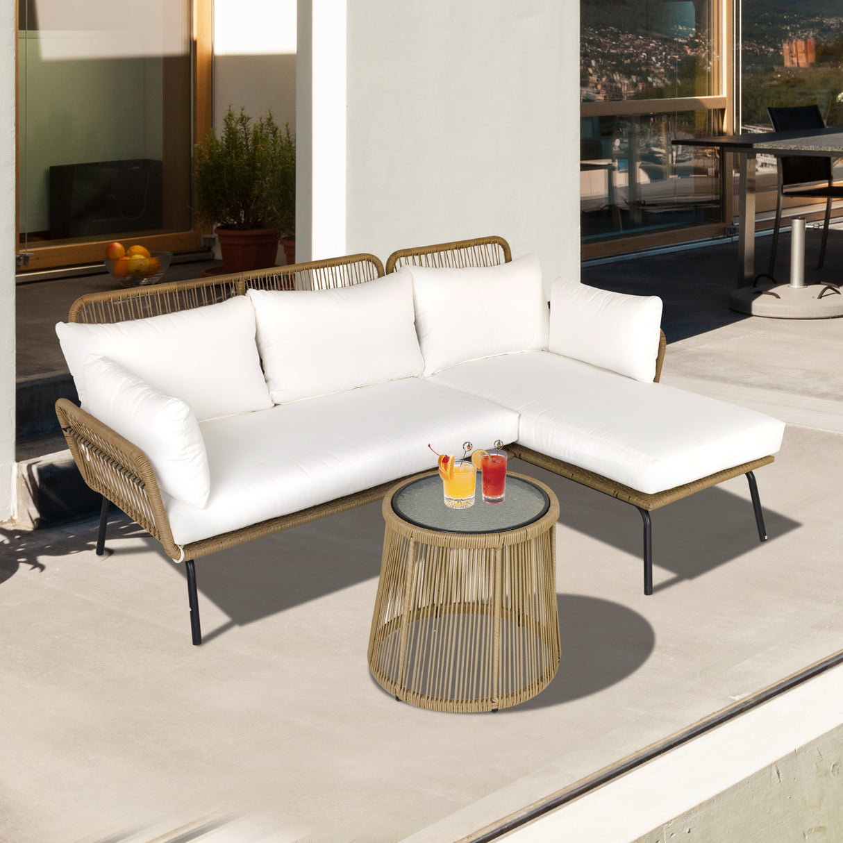 easycomfort easycomfort set da giardino in rattan stile boho chic con divano angolare e e tavolino beige e caffe