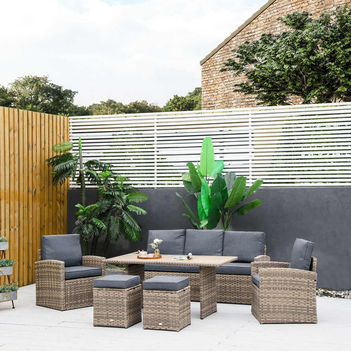 easycomfort set salotto da giardino in rattan pe con divano 3 posti 2 poltrone 2 sgabelli e tavolo grigio