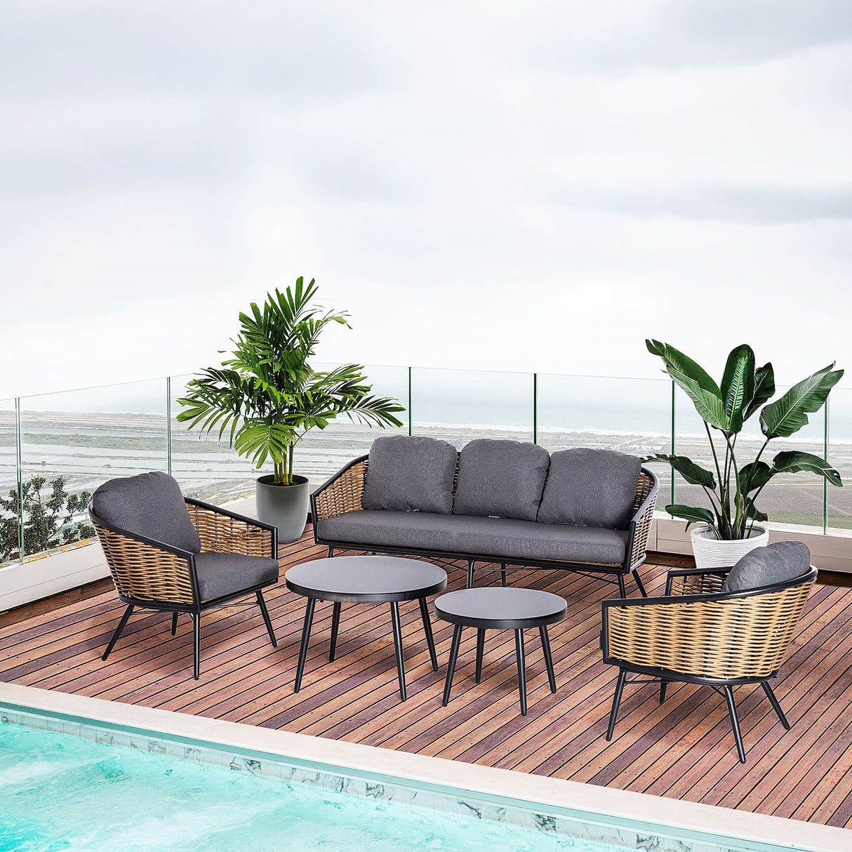 easycomfort set mobili da giardino in rattan 5 pezzi salottino da esterno con 2 tavolini divano 3 posti e 2 poltrone con cuscini
