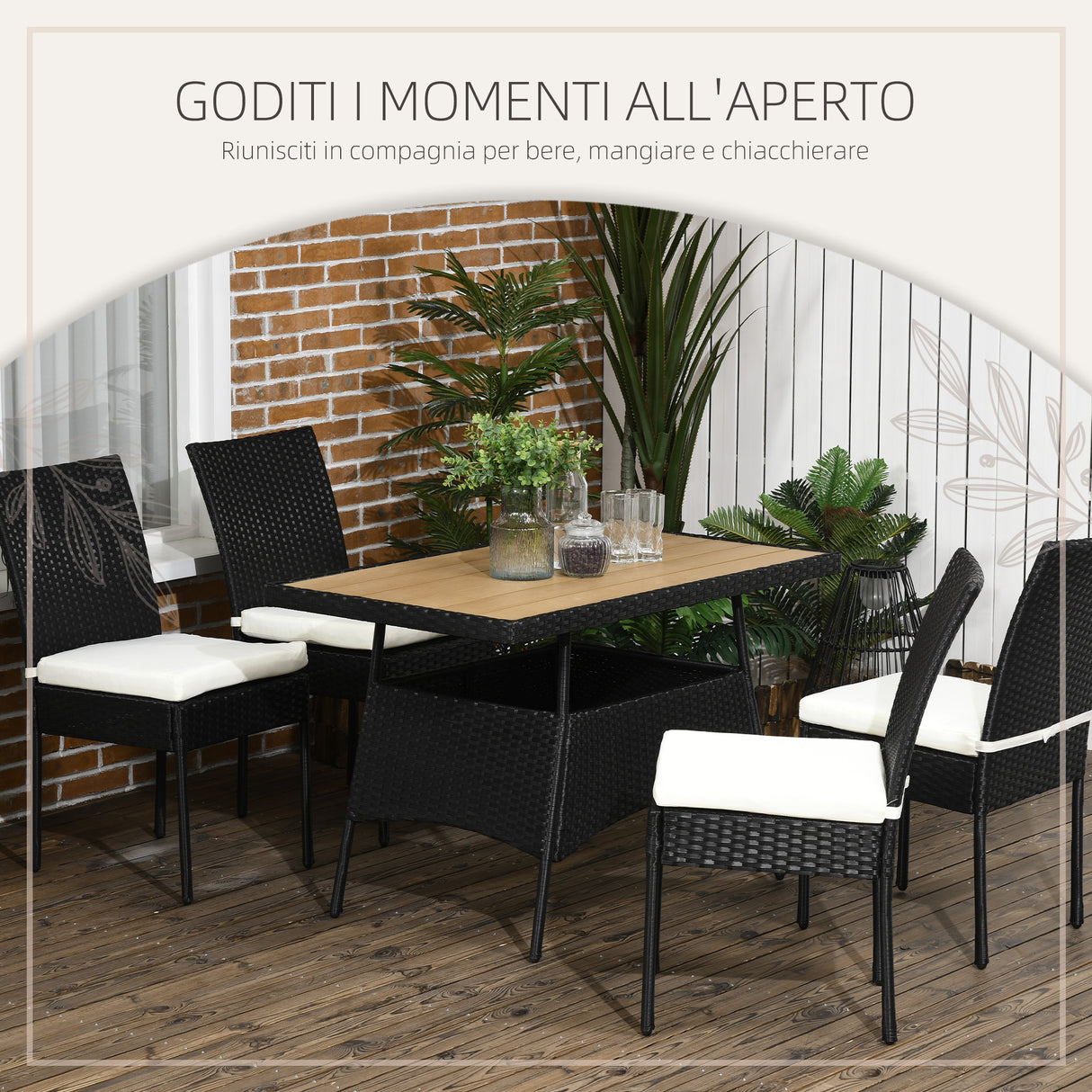easycomfort set da giardino con tavolo e 4 sedie da esterno in acciaio e rattan pe nero