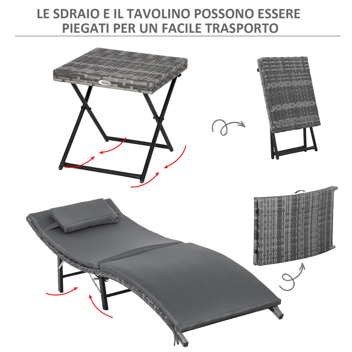 easycomfort lettini prendisole richiudibili con cuscini rimovibili e tavolino pieghevole set 3 pz in rattan grigio 33098