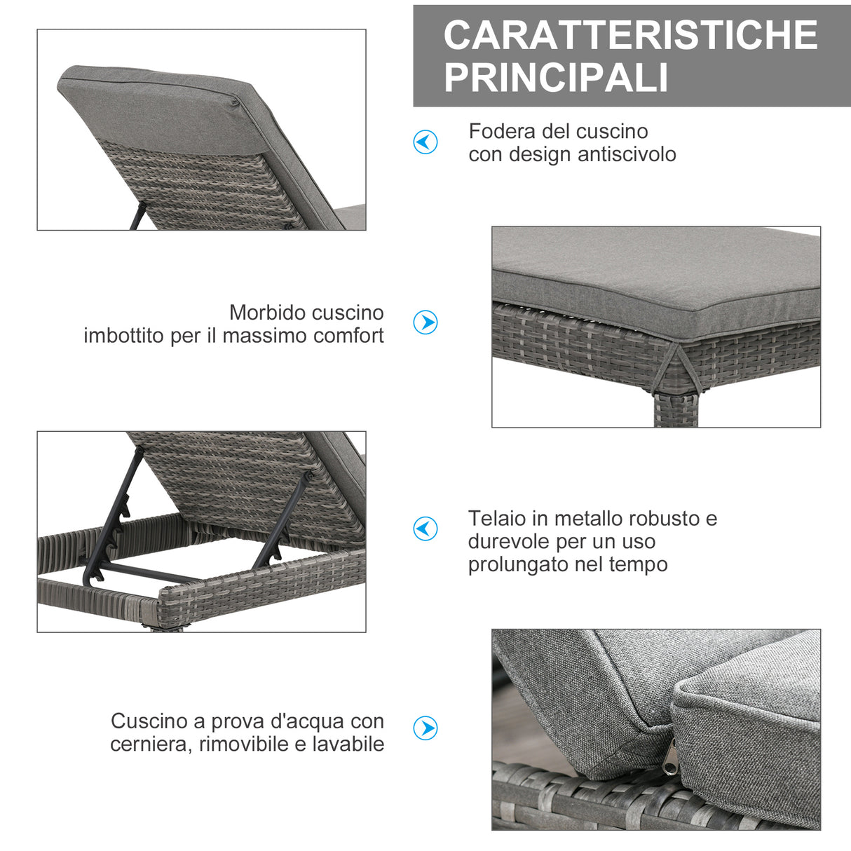 easycomfort easycomfort set 2 sdraio da giardino in pe rattan con cuscino imbottito grigio