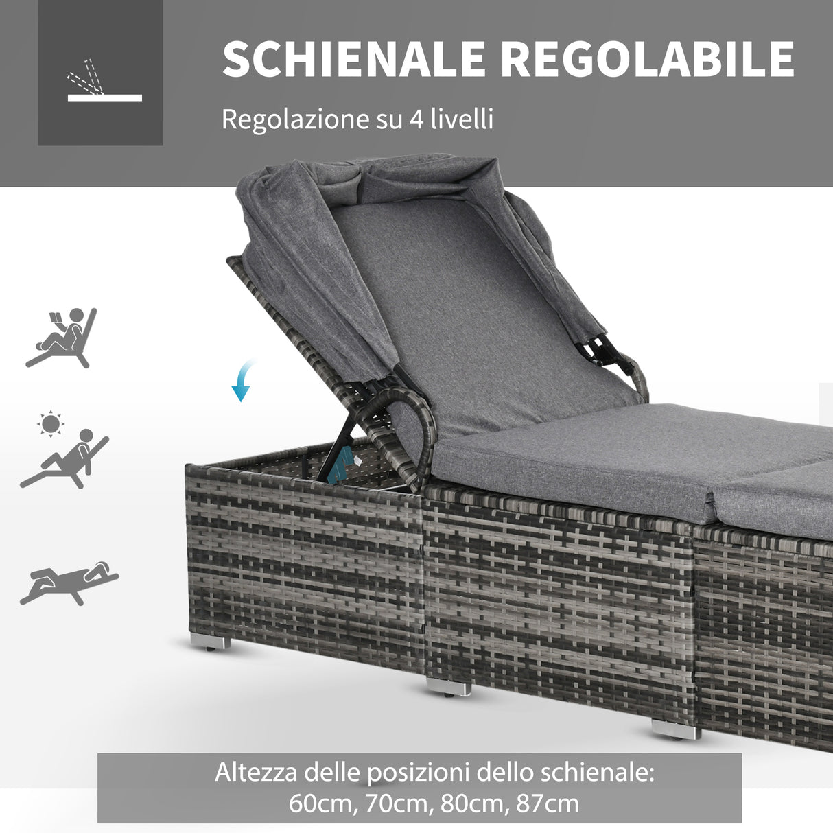 easycomfort easycomfort lettino prendisole in rattan pe schienale reclinabile a 4 livelli tettuccio e materassino