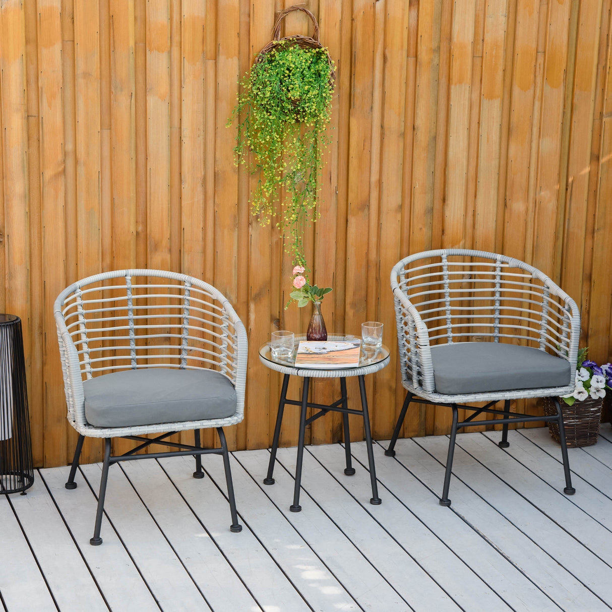 easycomfort set 3pz mobili da giardino in rattan sintetico con 1 tavolino e 2 sedie grigio