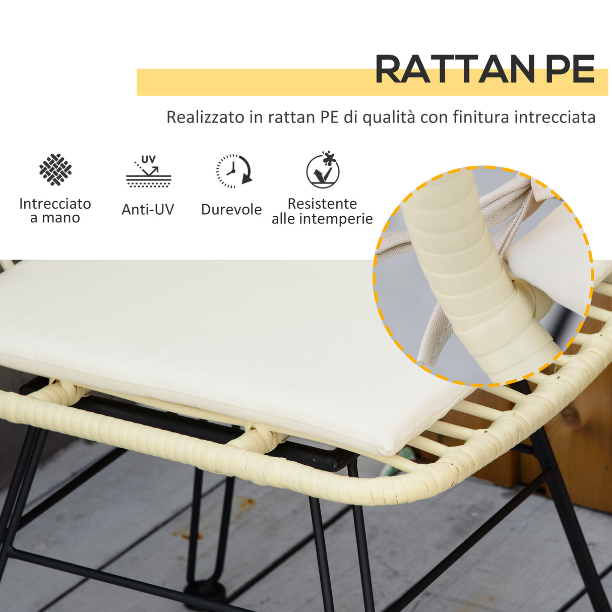 easycomfort set mobili da giardino 3 pezzi con tavolino e sedie in rattan pe poilestere e acciaio per esterni crema