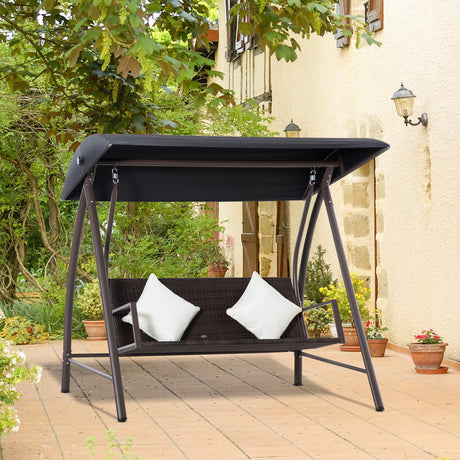 easycomfort dondolo da giardino 3 posti in rattan pe e metallo con tettuccio e cuscini sfoderabili 198x124x179cm marrone 33105
