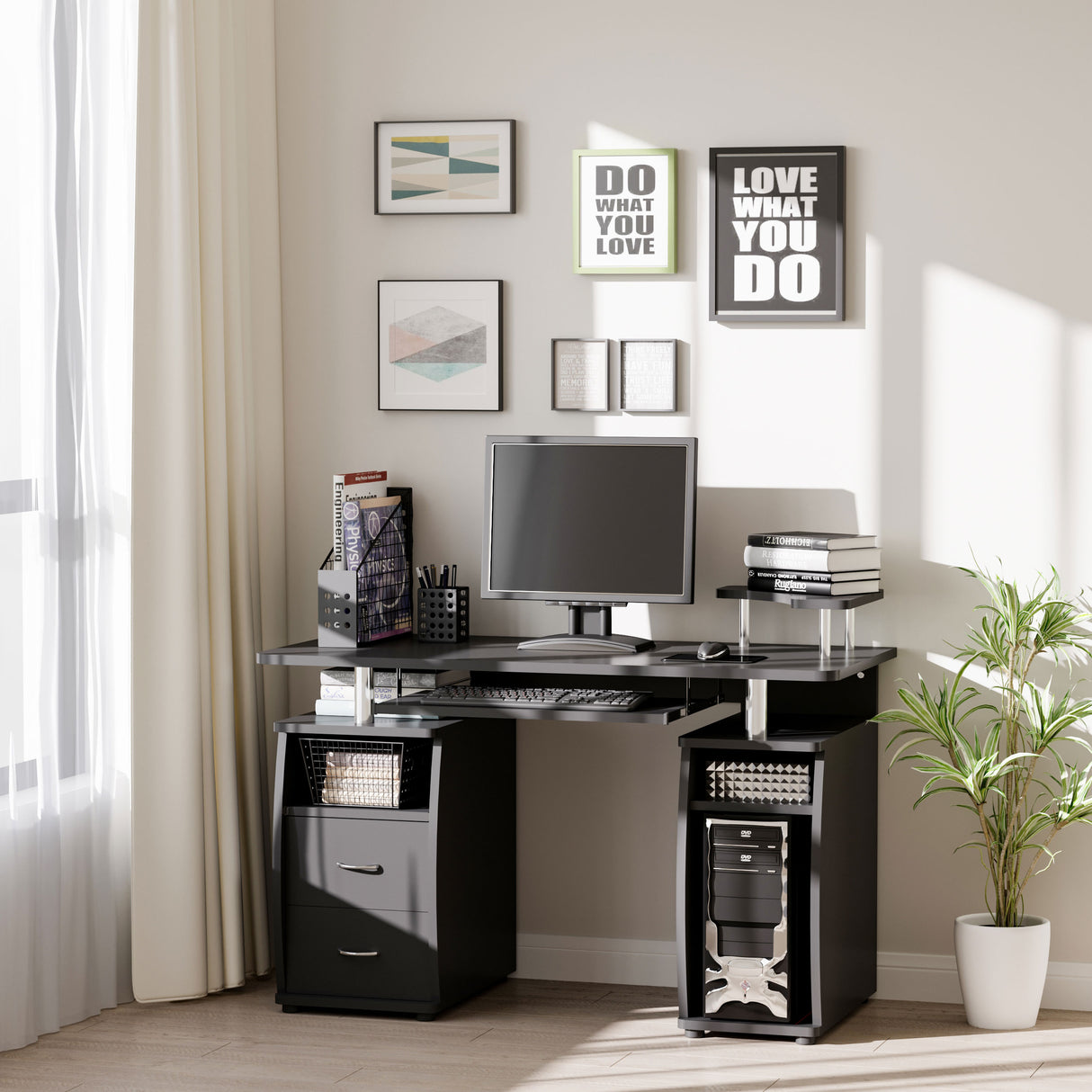 easycomfort easycomfort scrivania per computer moderna porta pc scrivania da ufficio in legno con cassetti mensola estraibile e porta tastiera 120x55x85cm nero