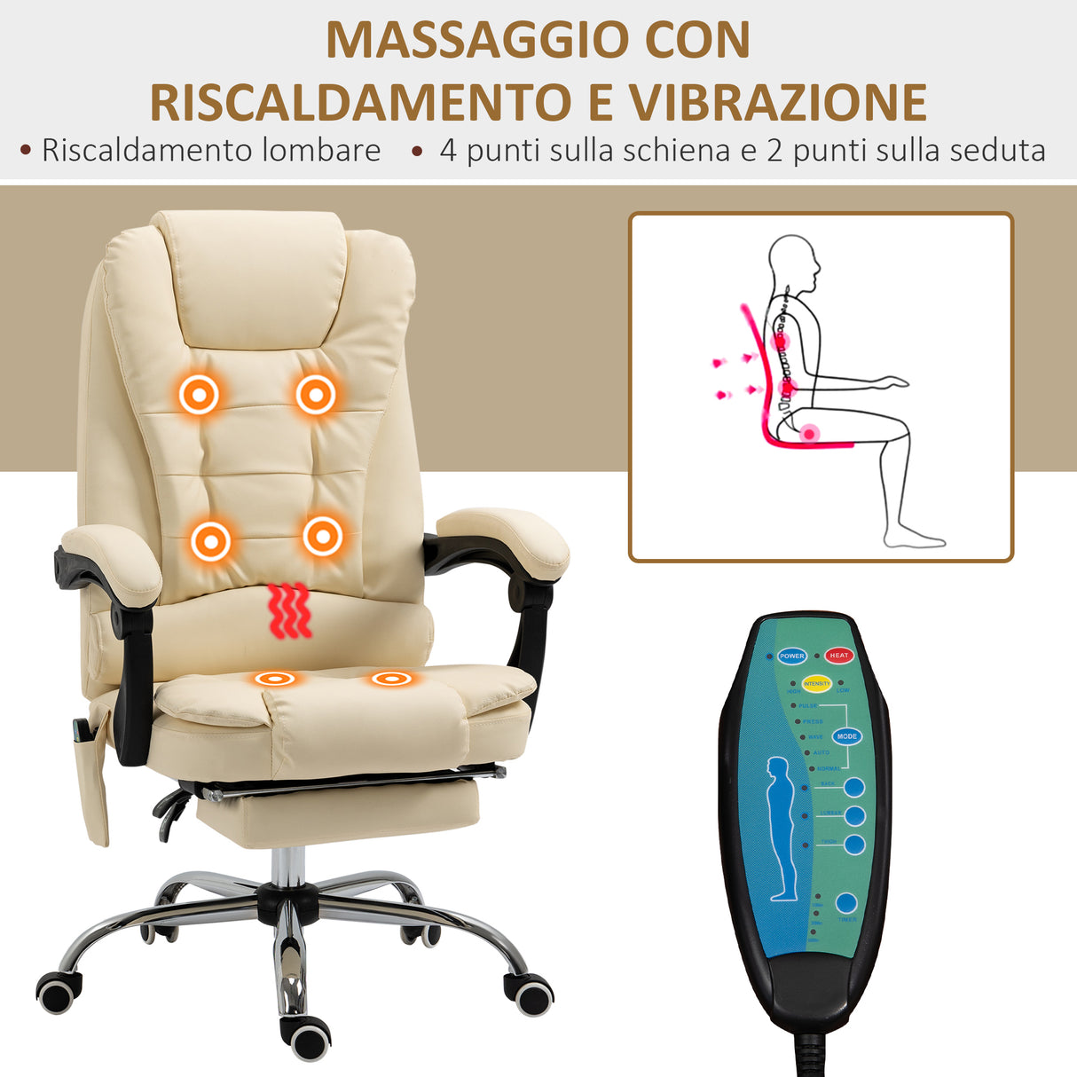 easycomfort easycomfort poltrona massaggiante ergonomica ad altezza regolabile con 6 punti vibranti 65x160x104 cm crema