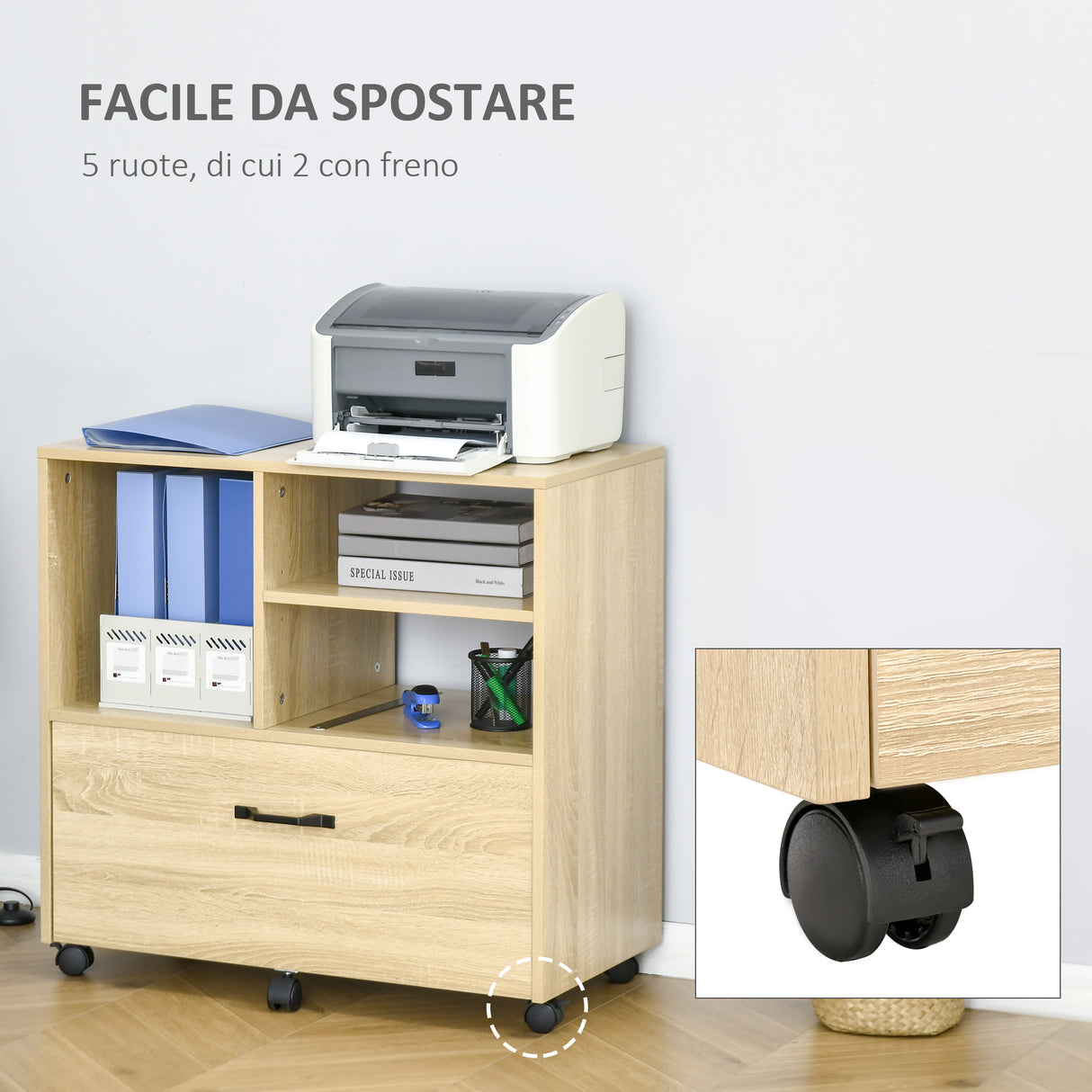 easycomfort mobile multiuso per ufficio porta stampante con 5 ruote e ripiano regolabile 77x40x73cm   legno