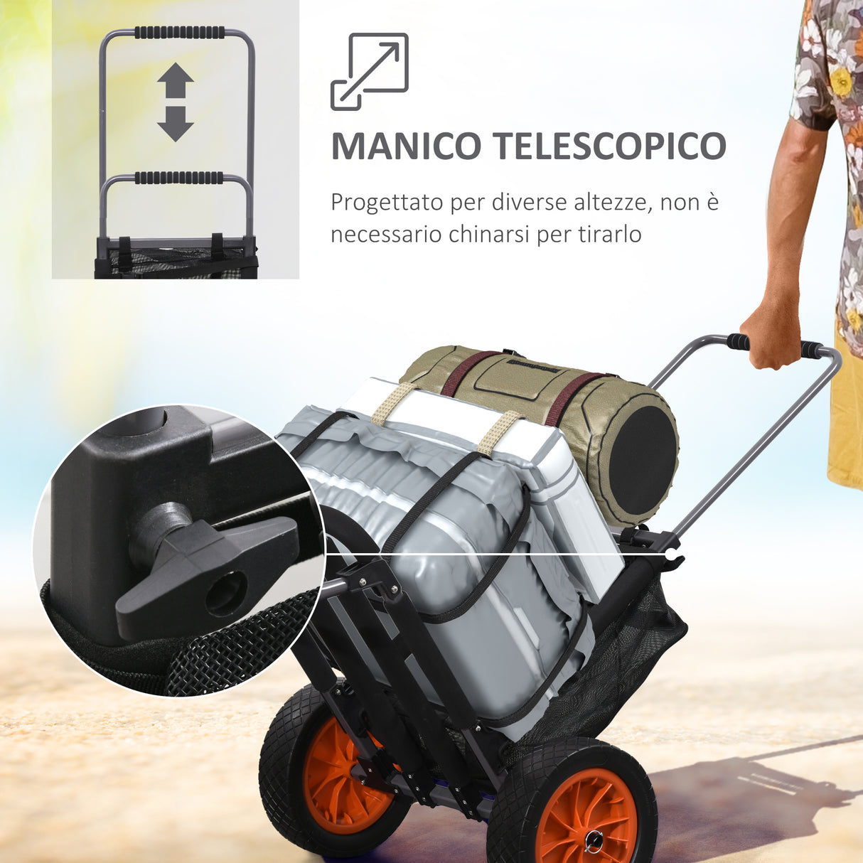 easycomfort easycomfort carrello da spiaggia pieghevole con tasca in rete manico telescopico e cavalletto 82x67x81 cm