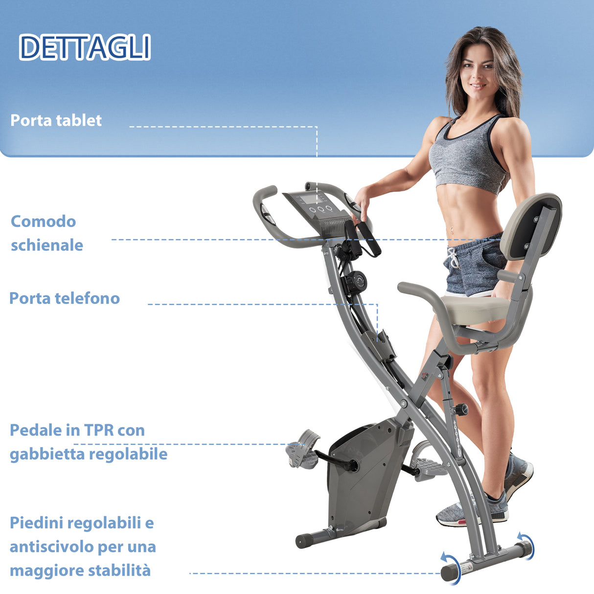 easycomfort easycomfort cyclette pieghevole 2 in 1 resistenza magnetica regolabile 8 livelli bici da fitness con sensore di frequenza cardiaca elastici per braccia schermo lcd volano 2 5kg grigio