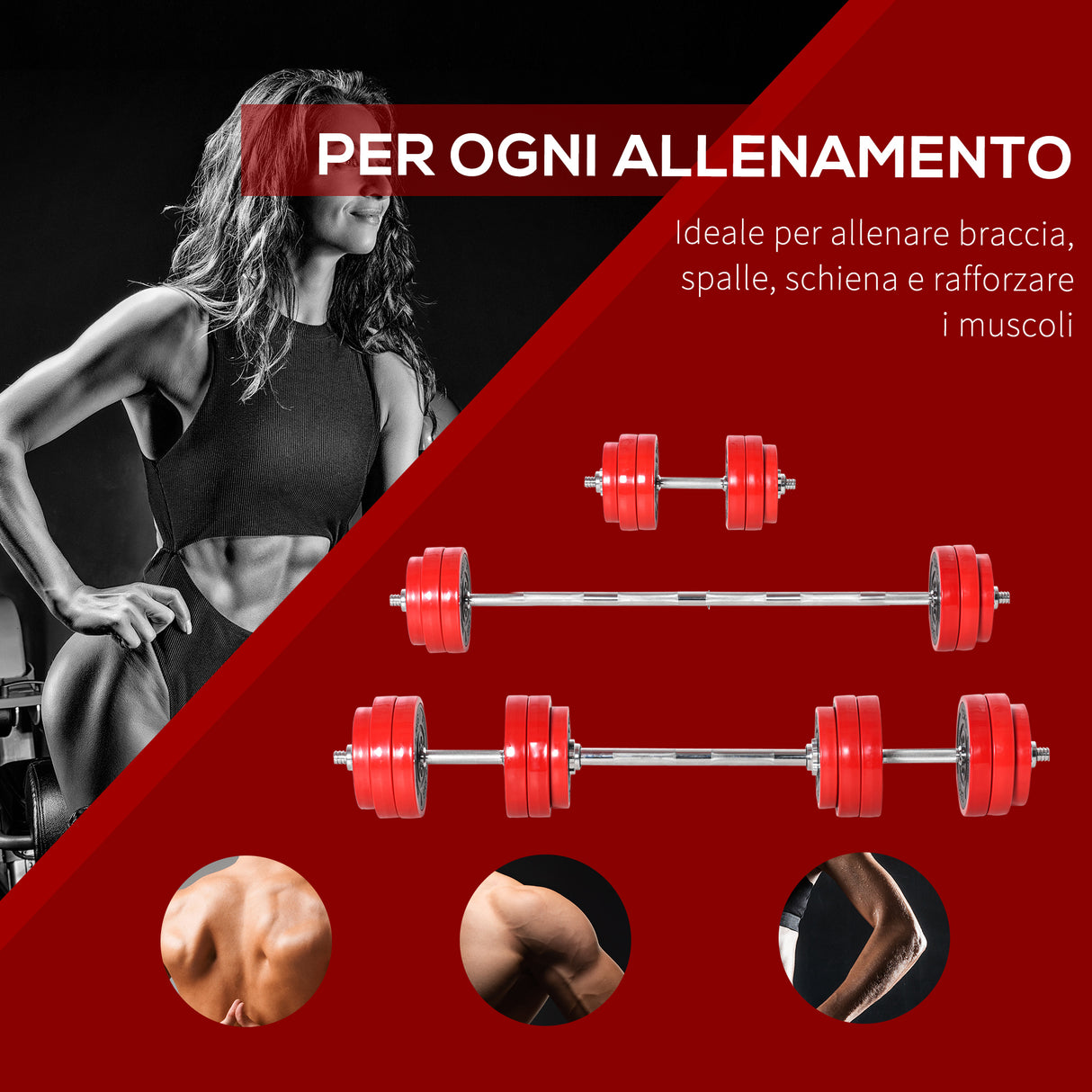 easycomfort set 2 in 1 bilanciere e manubri pesi da 30kg dischi con rivestimento in plastica antigraffio rosso