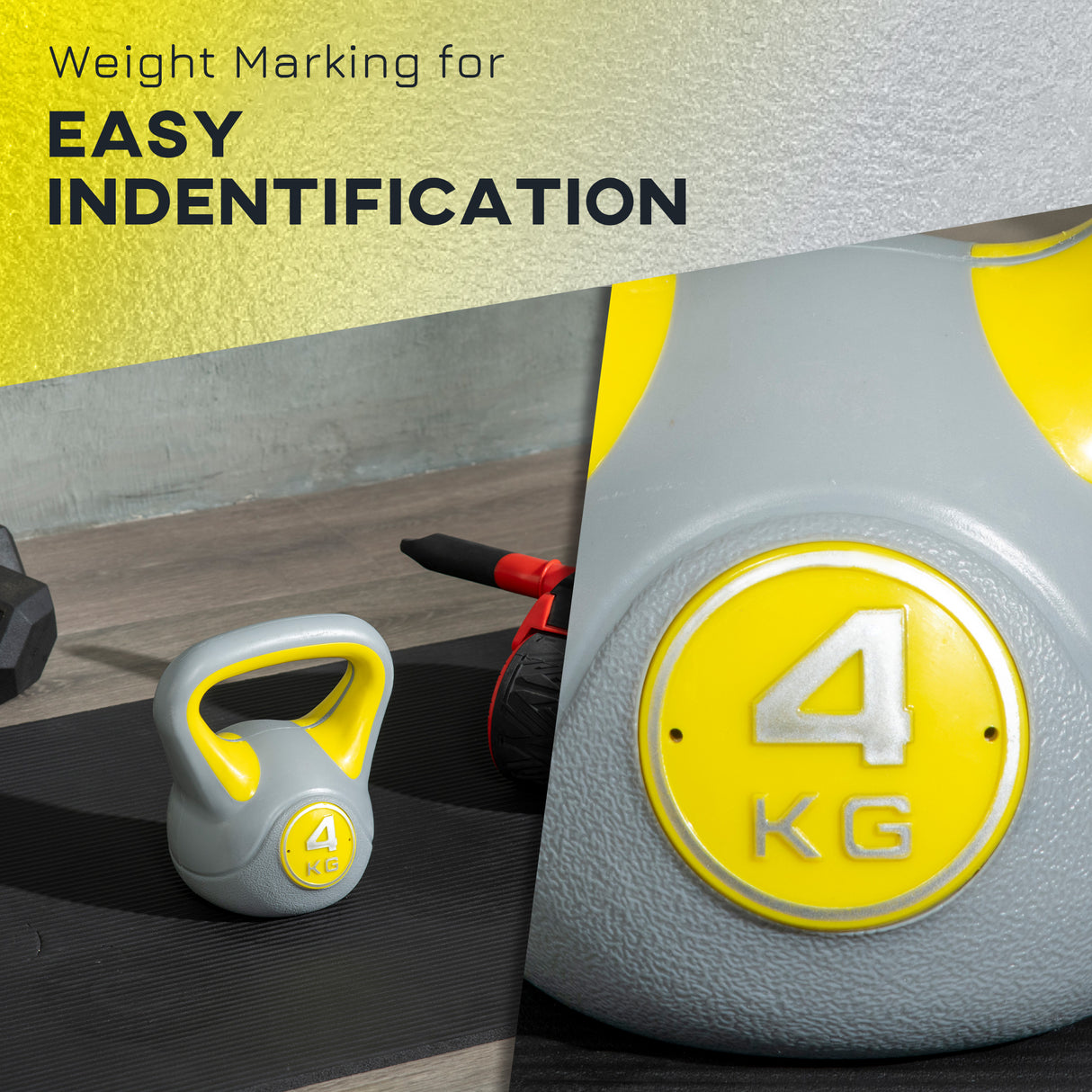 easycomfort easycomfort kettlebell 4kg in pu e sabbia con base piatta e impugnatura per stacchi squat e sollevamenti 18x12x20 cm giallo