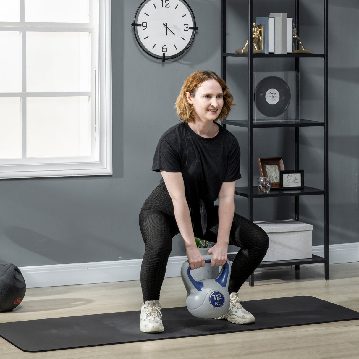 easycomfort kettlebell 12kg in pu e sabbia con base piatta e impugnatura per stacchi squat e sollevamenti 24x17x28 cm blu