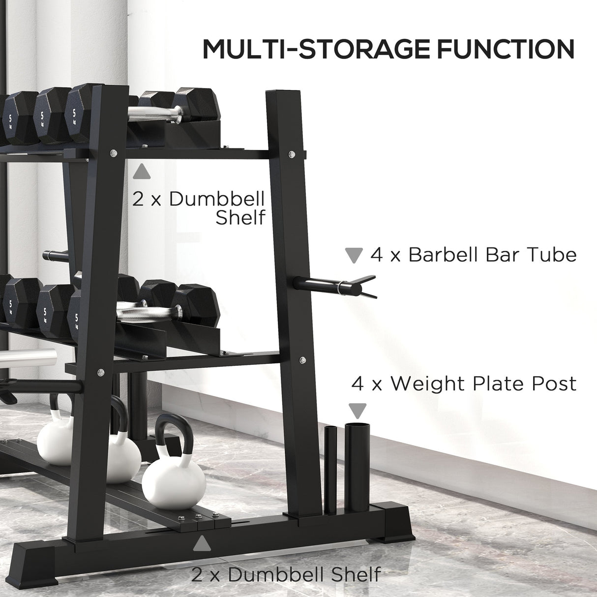 easycomfort rastrelliera per manubri in acciaio con 4 aste regolabili per pesi e kettlebell 131x75x80 cm nero