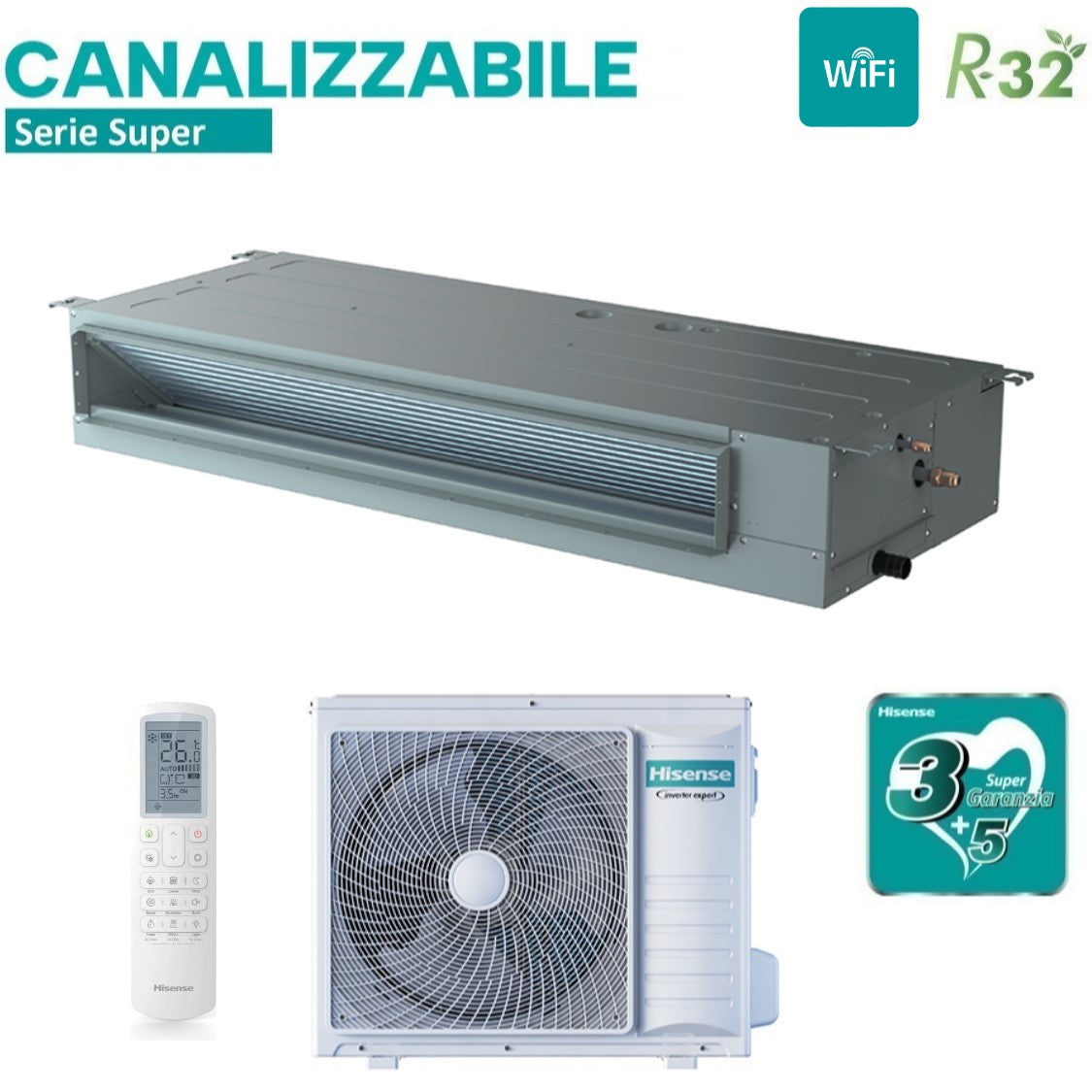 climatizzatore condizionatore hisense inverter canalizzato canalizzabile serie super 18000 btu adt52ux4rcl8 _ auw52u4rs7 r 32 wi fi optional classe a__ a_ con telecomando e comando cablato di serie