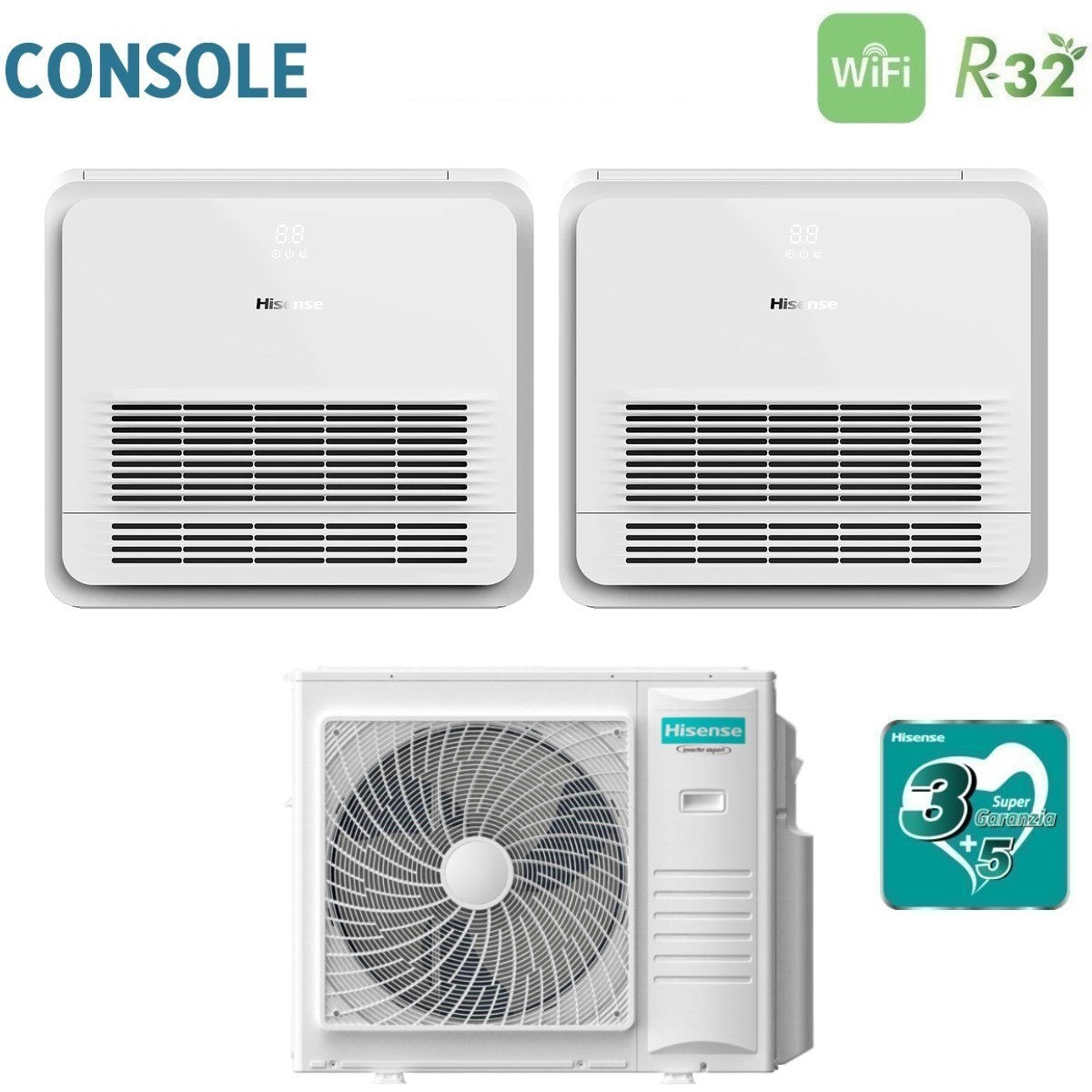 climatizzatore condizionatore hisense dual split console 18+18 con 4amw105u4raa r 32 wi fi optional con telecomando di serie 18000+18000