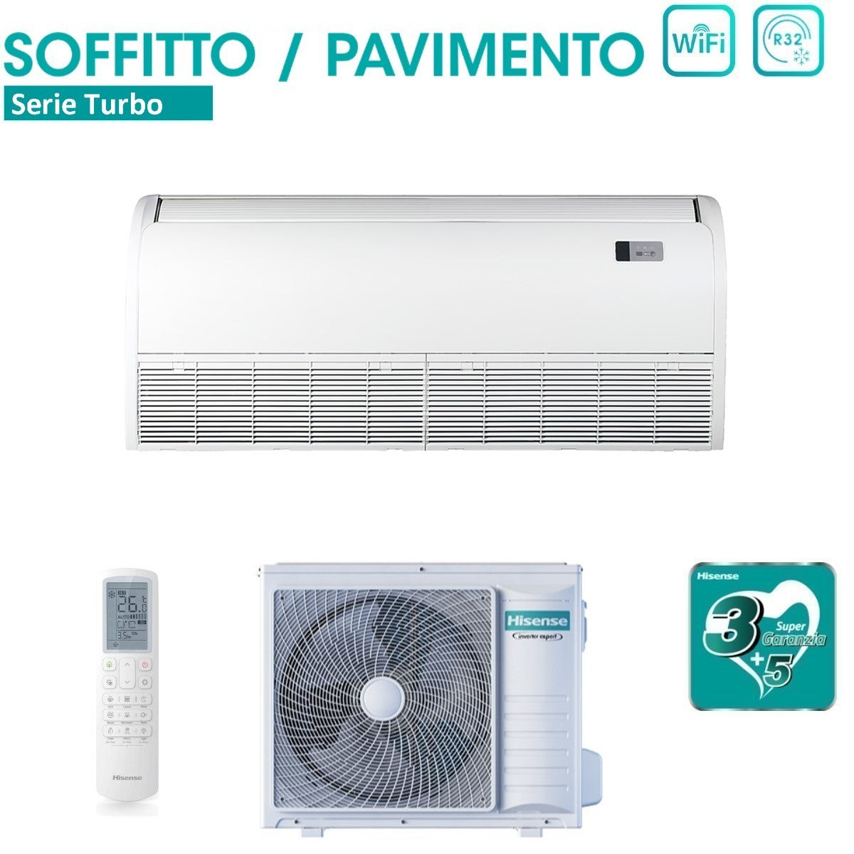 climatizzatore condizionatore hisense inverter soffitto pavimento serie super 36000 btu auv105ur4rc8 _ auw105u4rk7 r 32 wi fi optional classe a__ a_ con telecomando di serie incluso