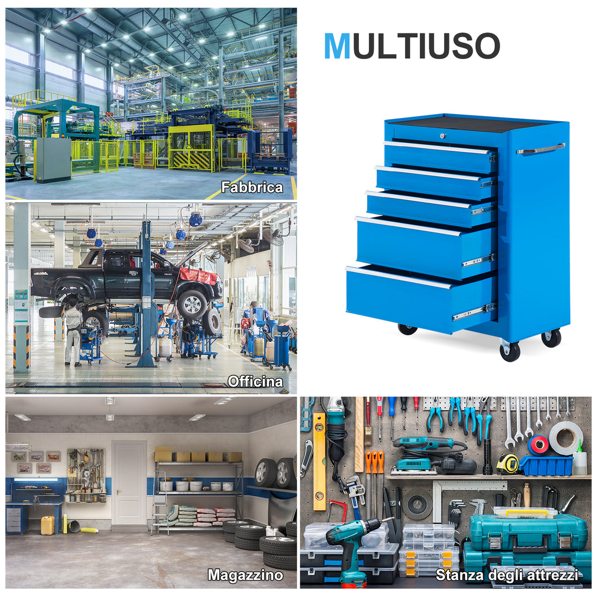 easycomfort easycomfort carrello porta utensili da officina con cassettiera azzurro 61.5 x 33 x 85cm