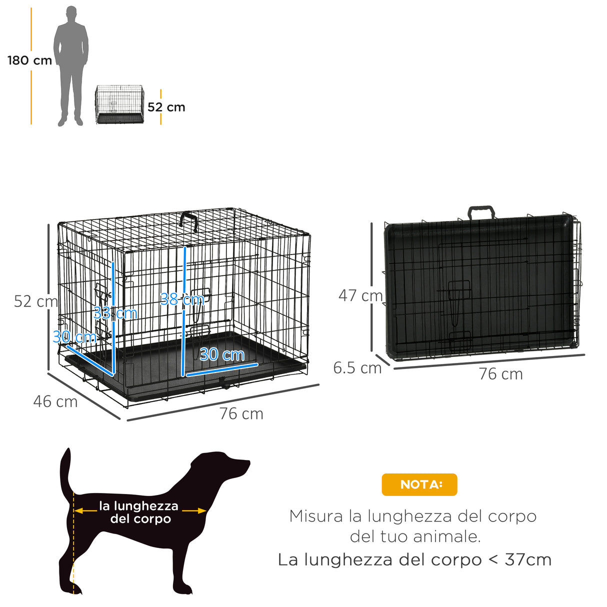 easycomfort easycomfort gabbia trasportino per cani gatti pieghevole in acciaio doppia apertura 76x53x57cm nero