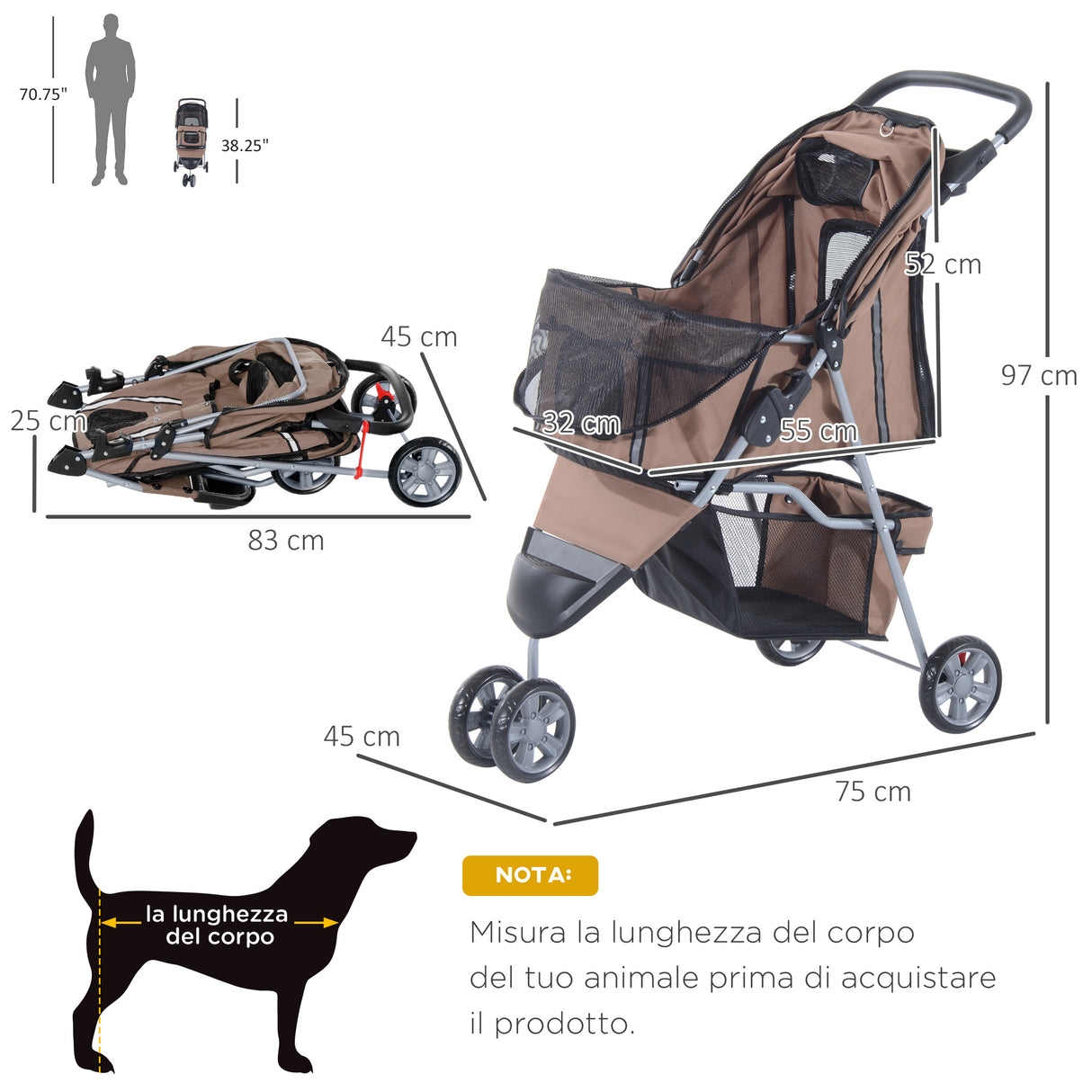 easycomfort passeggino per cani carrello per animali domestici caffe 75 x 45 x 97cm