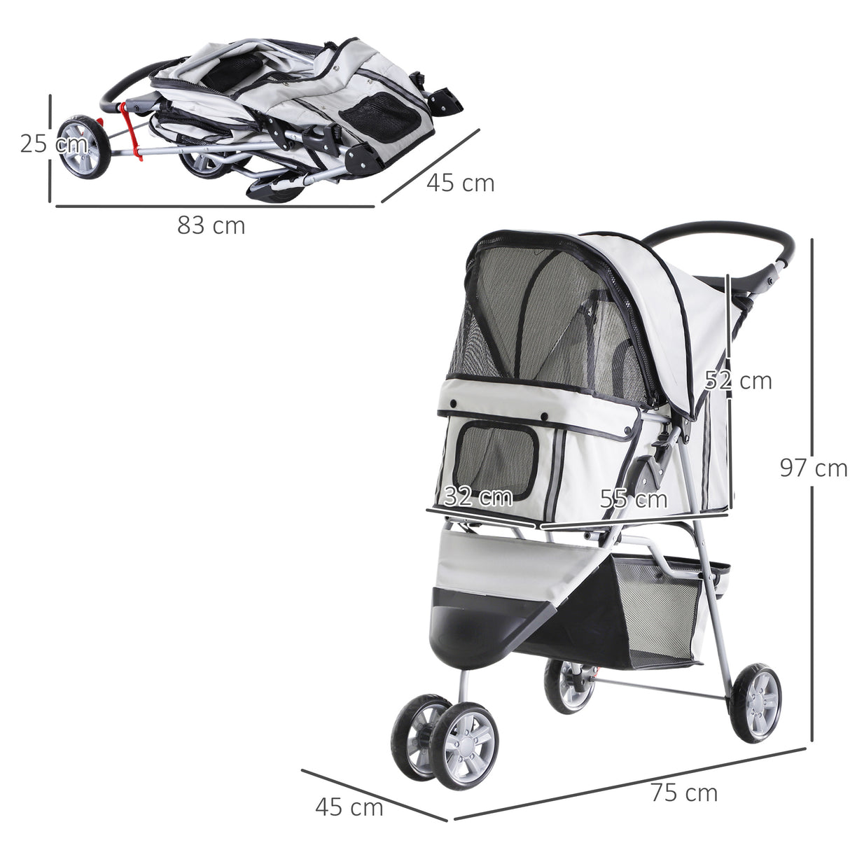easycomfort easycomfort passeggino per cani carrello per animali domestici grigio 75 x 45 x 97cm