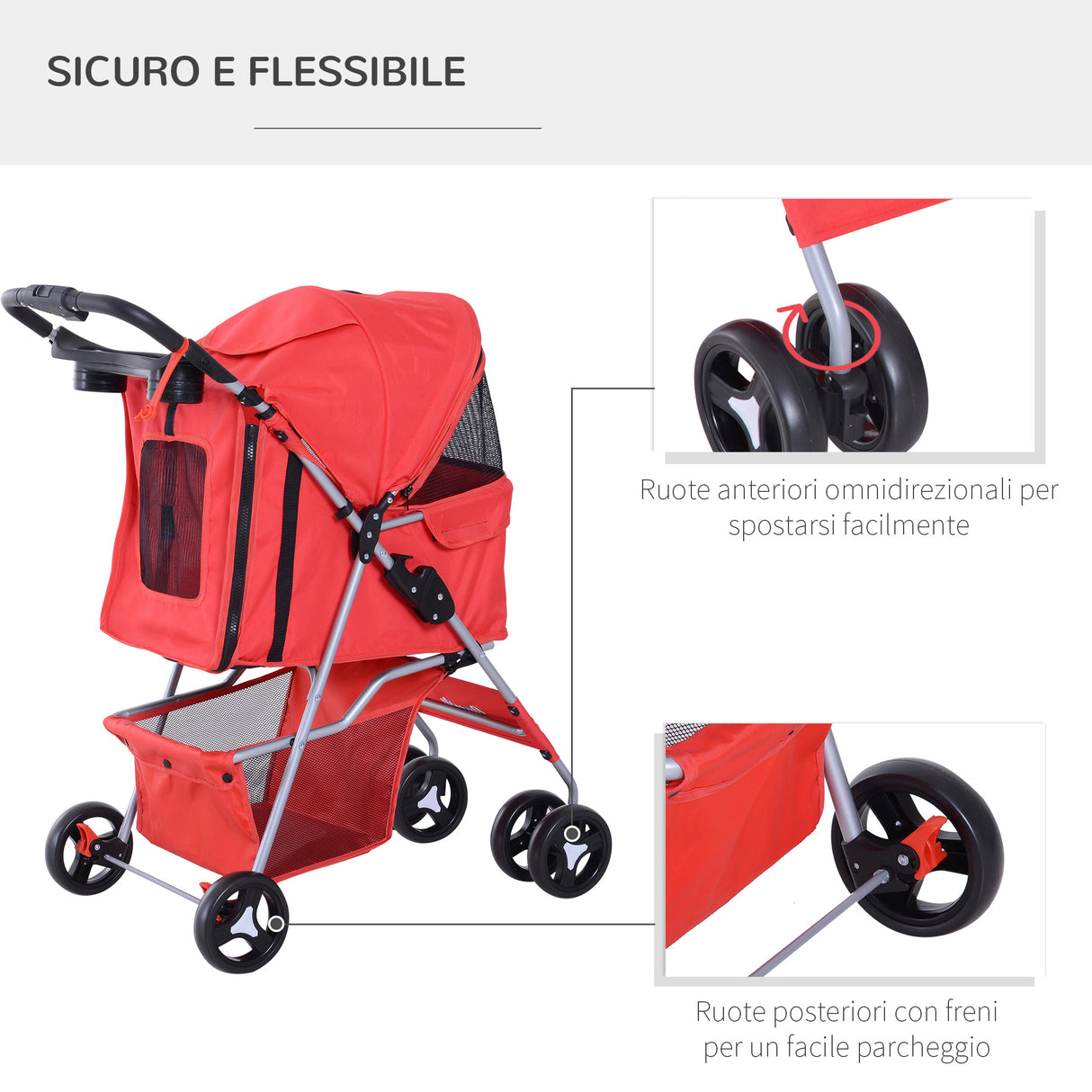 easycomfort easycomfort passeggino per animali domestici pieghevole rosso 75 x 46 x 94 cm