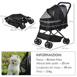 easycomfort passeggino per cani piccoli pieghevole con maniglione girevole ruote in eva e cestino portaoggetti nero