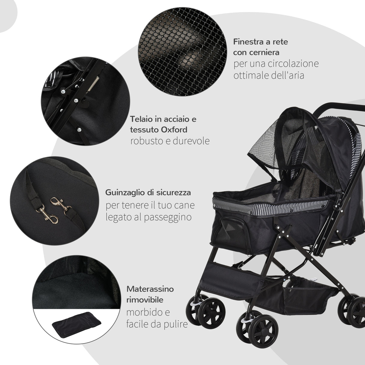 easycomfort passeggino per cani piccoli pieghevole con maniglione girevole ruote in eva e cestino portaoggetti nero