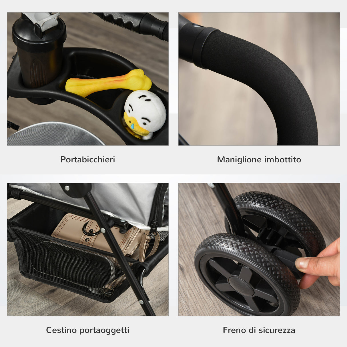 easycomfort passeggino per cani piccoli pieghevole con guinzaglio di sicurezza e cestino portaoggetti grigio