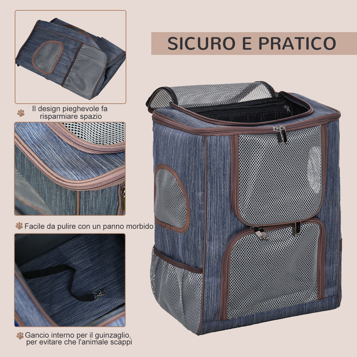 easycomfort zaino trasportino per cani e gatti in oxford cuscino rimovibile e lavabile con rete traspirante 35x28.5x45cm blu