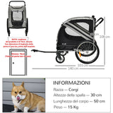 easycomfort rimorchio cani con ingresso a cerniera ruote e bandiera in acciaio e tessuto oxford grigio nero argento