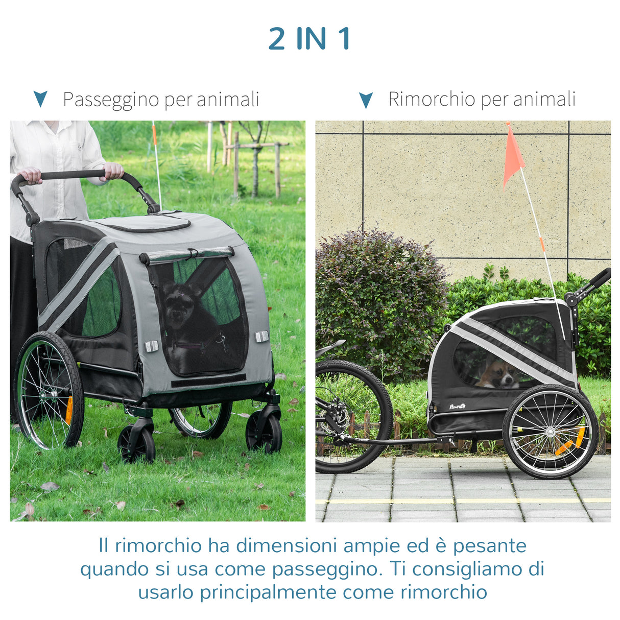 easycomfort rimorchio cani con ingresso a cerniera ruote e bandiera in acciaio e tessuto oxford grigio nero argento