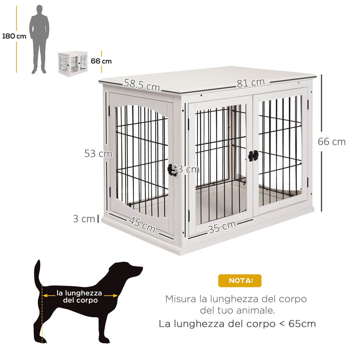 easycomfort casetta per cani fino 30kg da interno in legno e acciaio 58.5x81x 66cm bianco