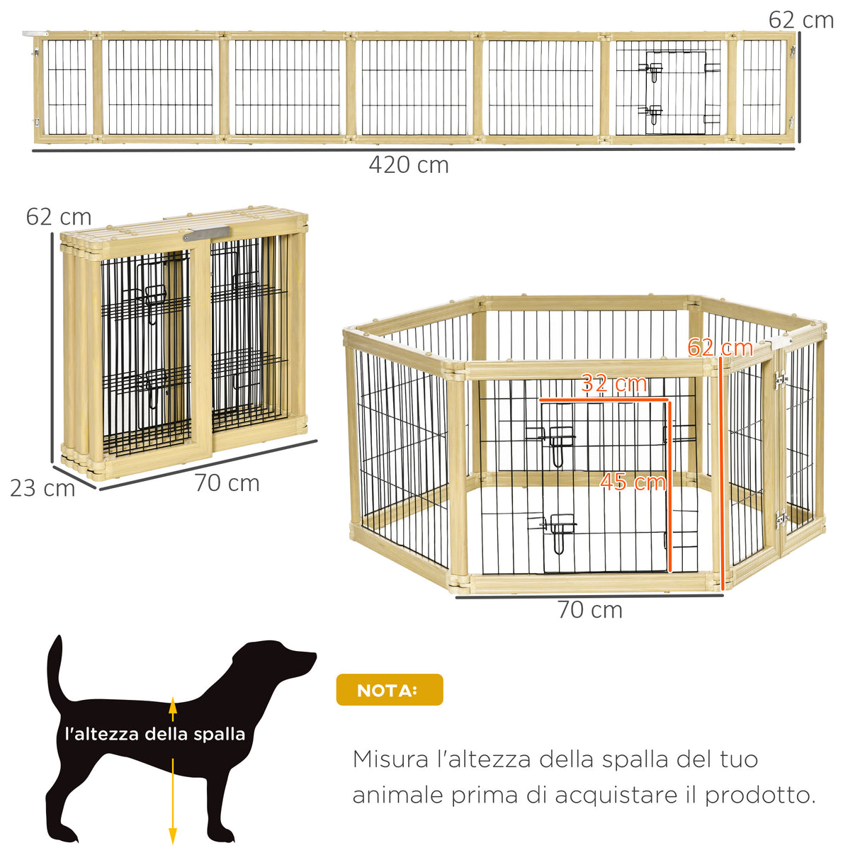 easycomfort box per cani recinto per animali 6 pannelli con porta e doppi fermi 70x62cm