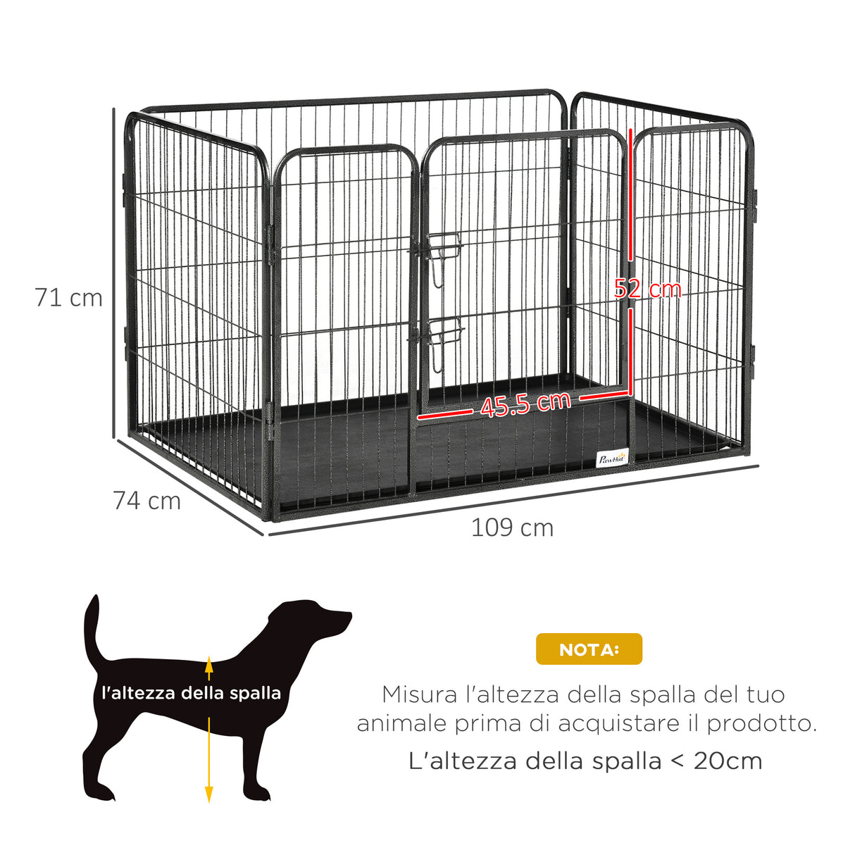easycomfort box per cani recinzione in metallo per animali con 4 pannelli porta con doppio blocco e vassoio sul fondo 109x74x71cm grigio