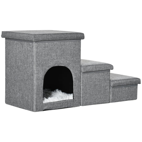 easycomfort scaletta per cani e gatti 10kg max a 3 gradini con casetta per cani e spazio portaoggetti 73.5x33x40.5 cm grigio