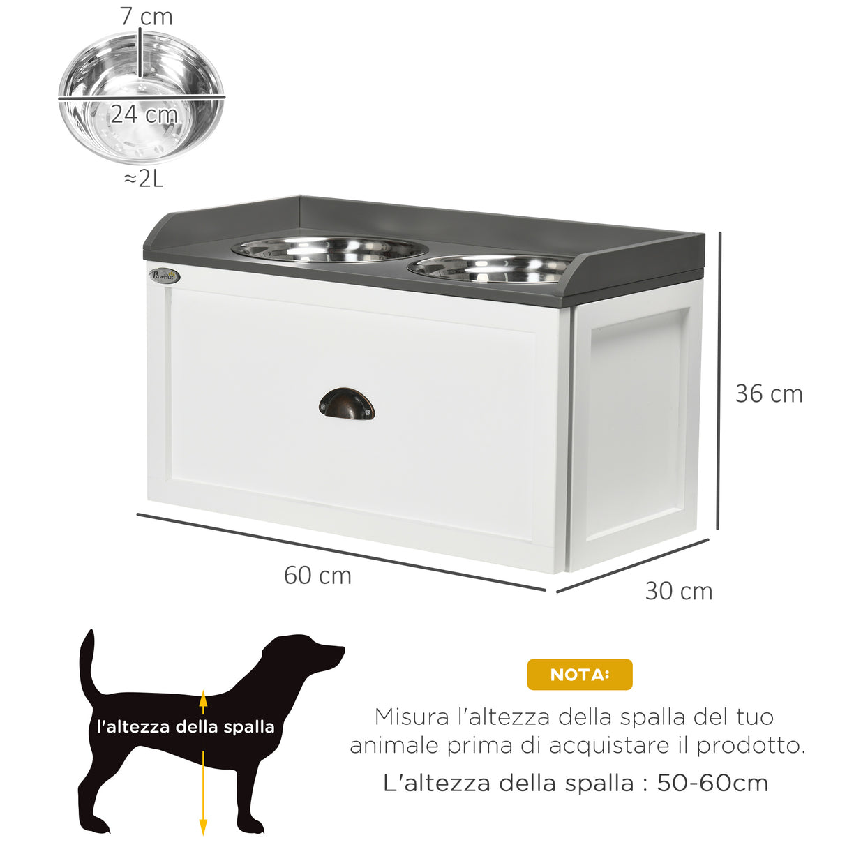 easycomfort ciotole per cani rialzate in acciaio inox e legno con cassetto 60x30x36cm bianco e grigio