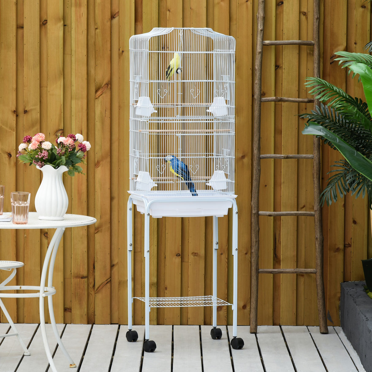 easycomfort easycomfort gabbia per uccelli voliera in metallo e acciaio con ruote trespoli e ciotole 46 5x36x157cm bianco