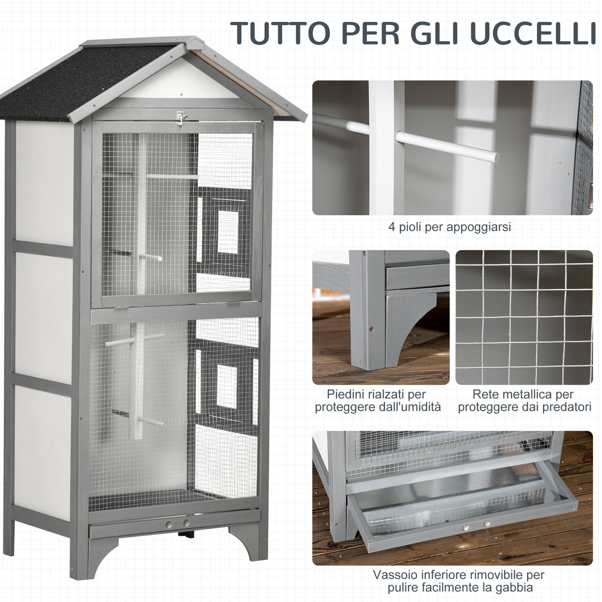 easycomfort voliera per uccelli da esterno in legno di abete 80.5x57x158.5cm grigio chiaro