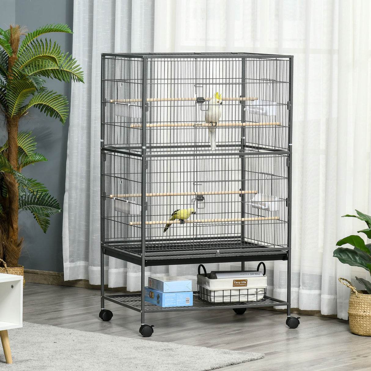 easycomfort gabbia per uccelli da interni in legno con vassoio 4 ruote e trespolo 78x52x132cm