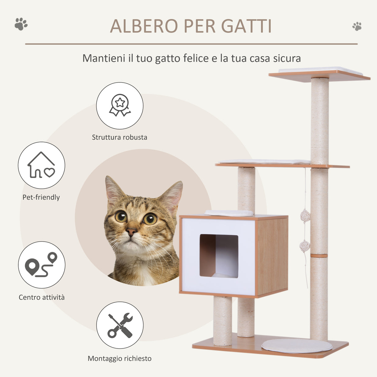 easycomfort easycomfort albero per gatti in sisal con cuccia piattaforme e giochi 60x40x120cm