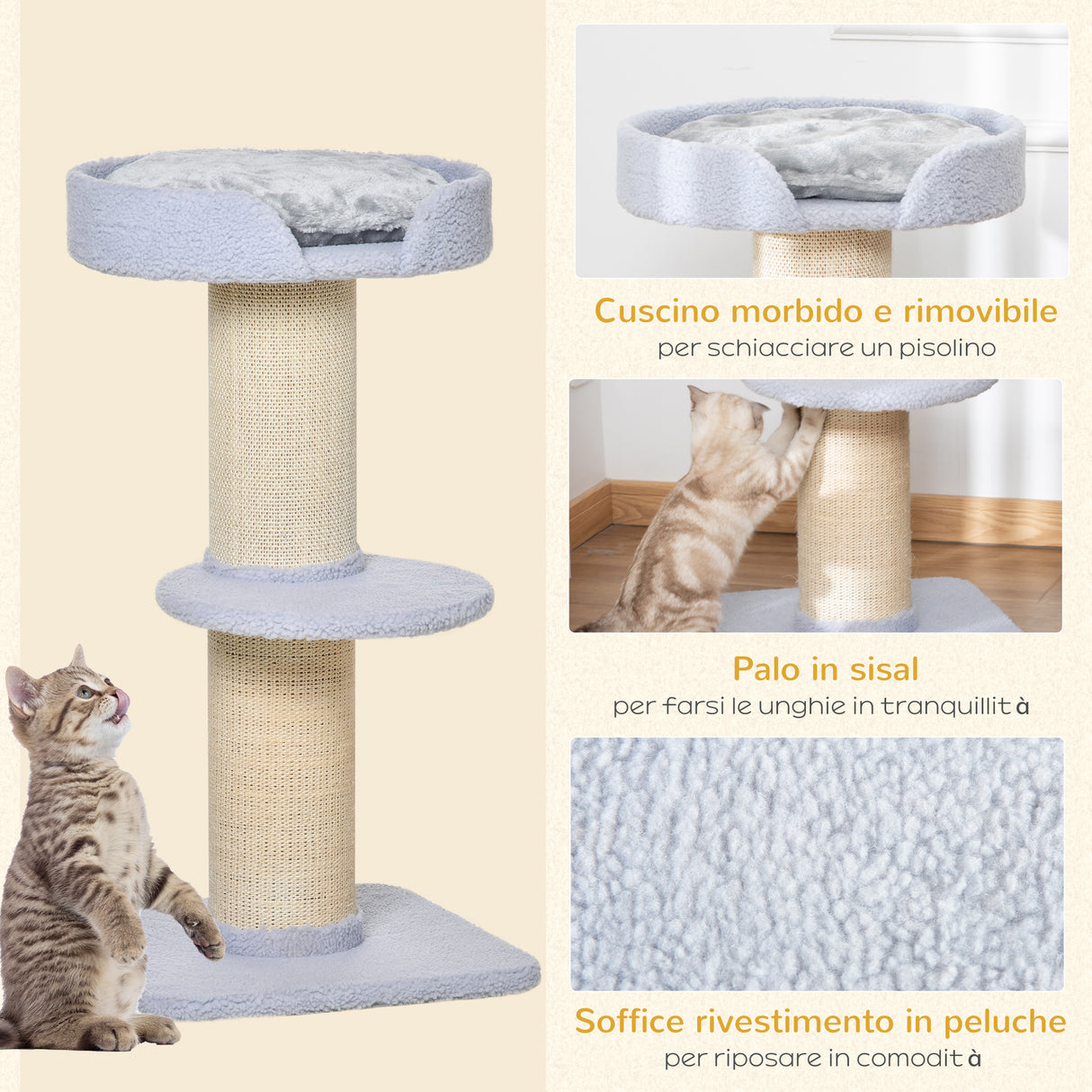 easycomfort tiragraffi per gatti con lettino rivestimento peluche e palo in sisal 45x45x91cm azzurro