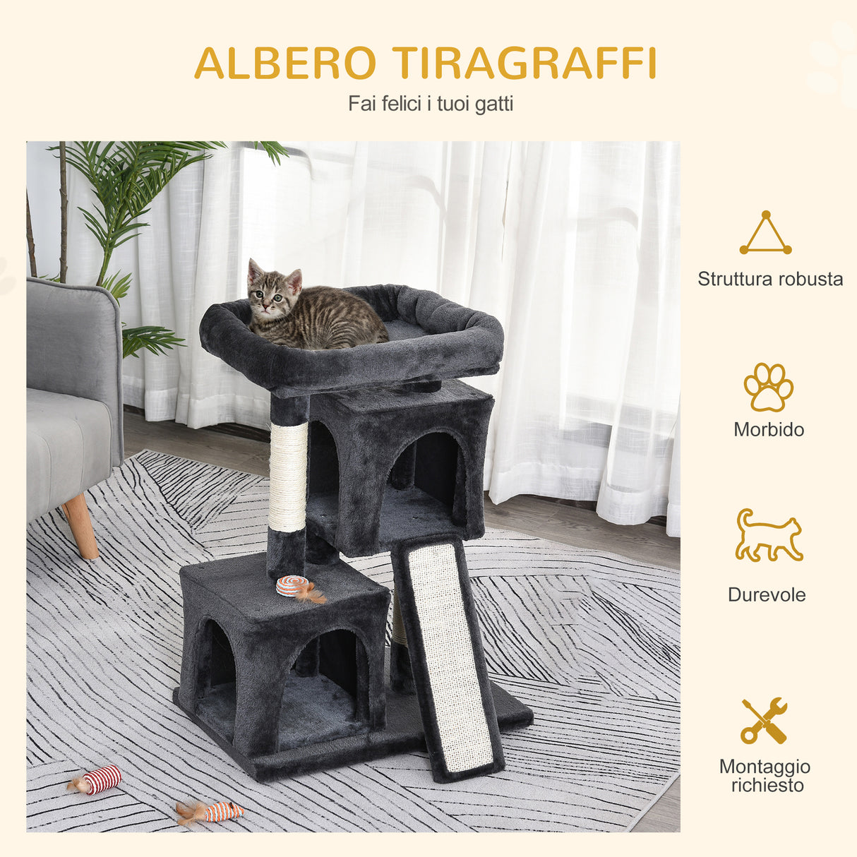 easycomfort albero tiragraffi per gatti con pali in sisal lettino e 2 casette 59x39x83cm grigio scuro