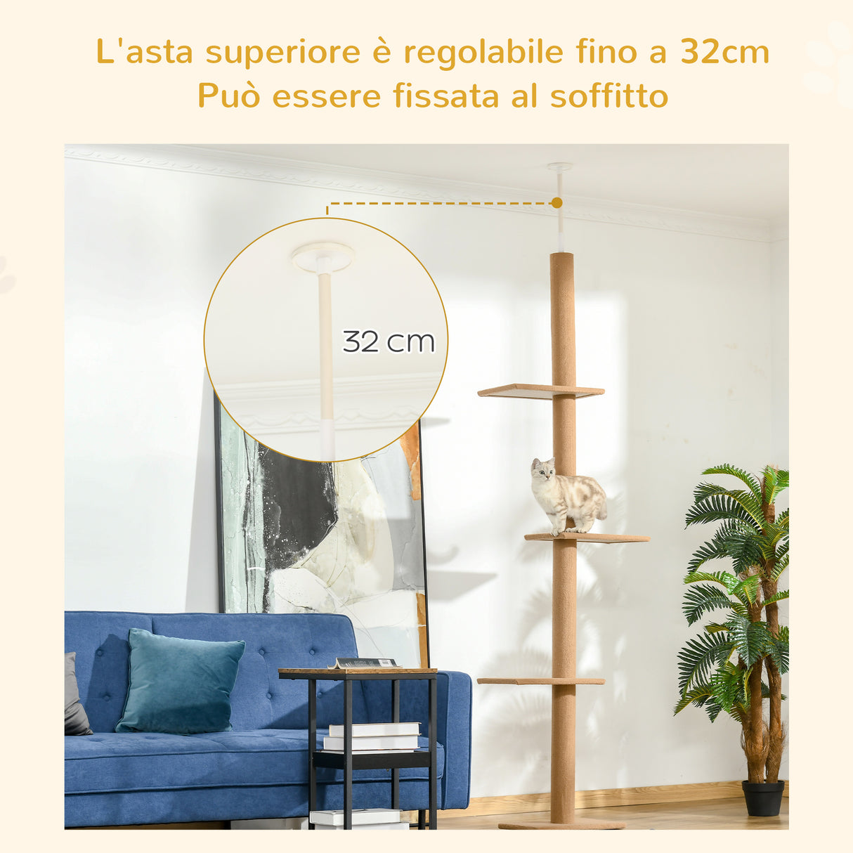 easycomfort albero tiragraffi per gatti a 4 livelli fissaggio a soffitto regolabile 43x27x228 260cm