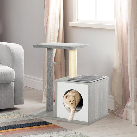 easycomfort easycomfort albero tiragraffi per gatti con cuccia e colonna in corda sisal grigio 59x39x62cm